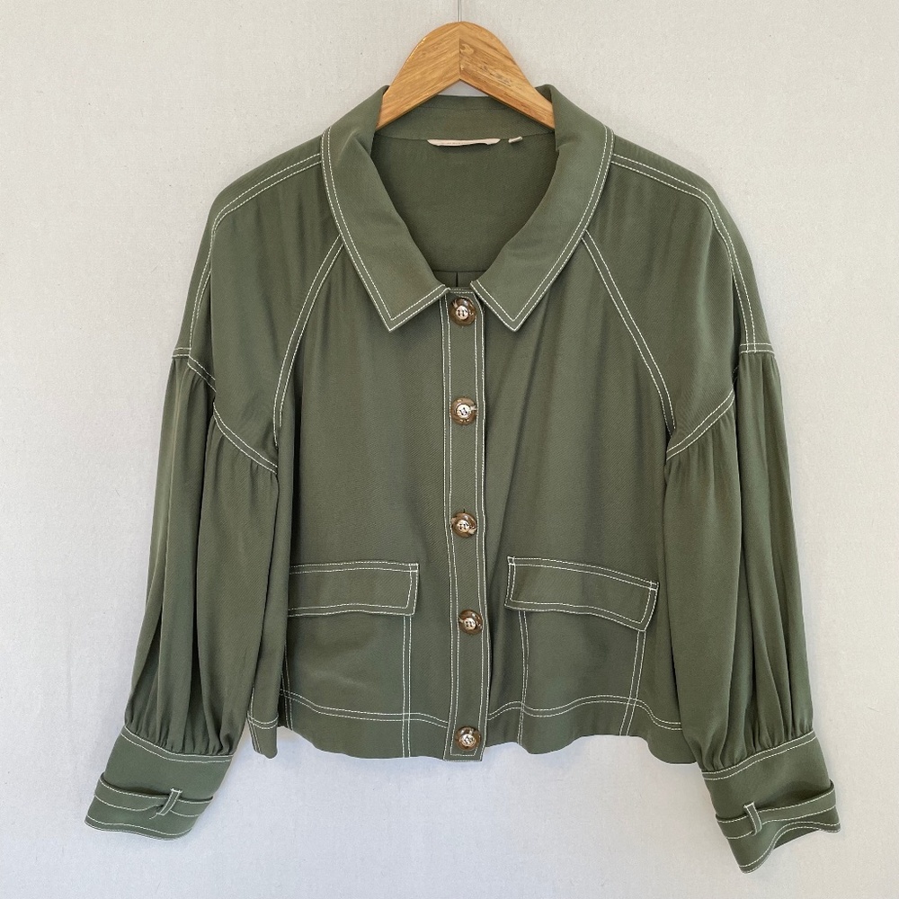 SOFT SURROUNDINGS Large D’Orze Cropped Button Front Jacket Sage Green